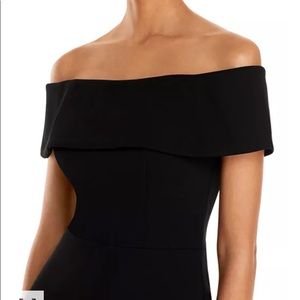 AQUA Off-the-Shoulder Scuba Crepe Gown body-hugging, 60" from backof neck to hem